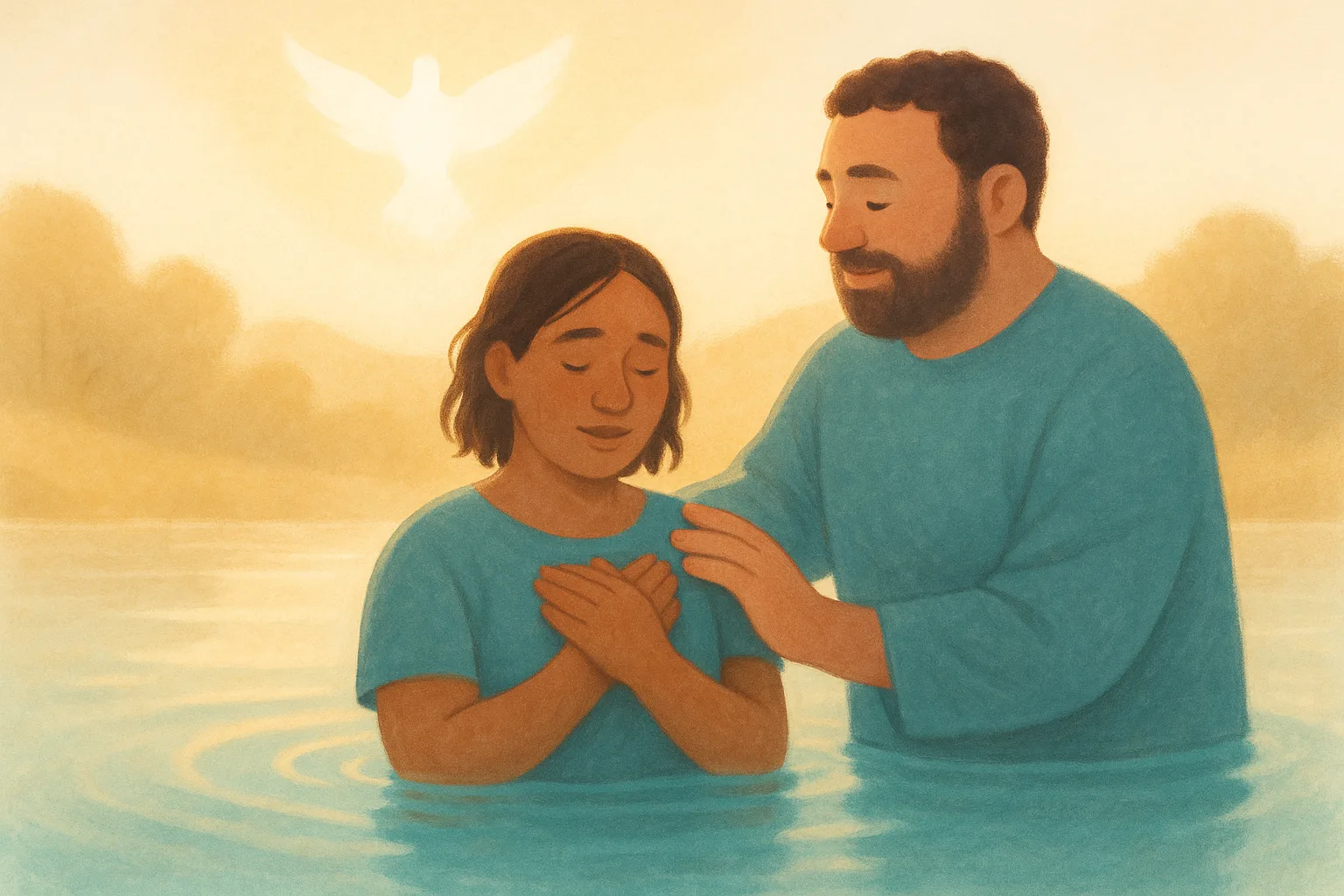 A person being baptized in calm waters under the morning light.
