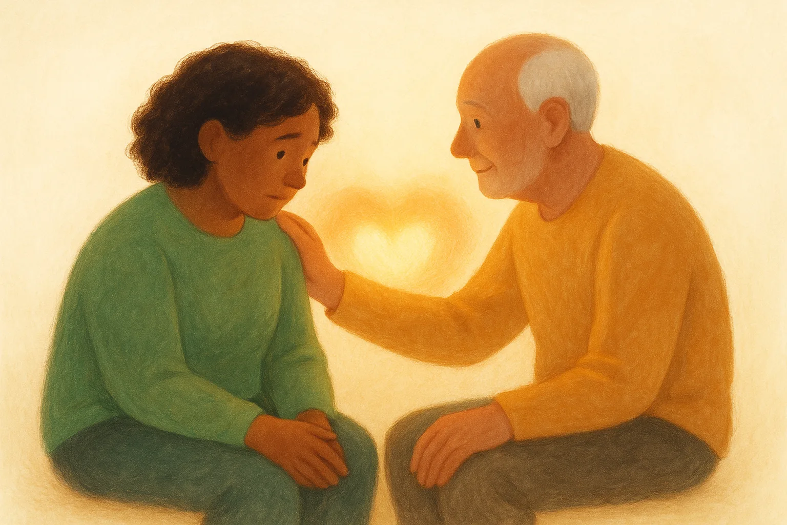Two people sitting together in prayer and care.