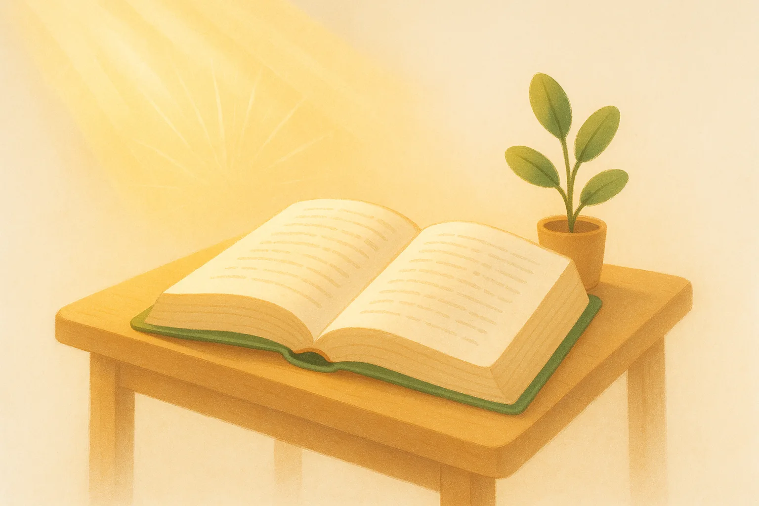 An open Bible resting on a wooden table.