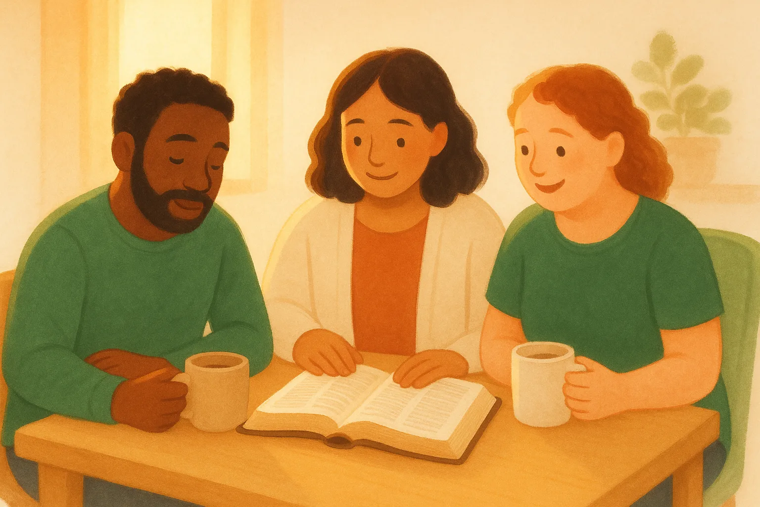 An open Bible and notebook on a table, ready for study.