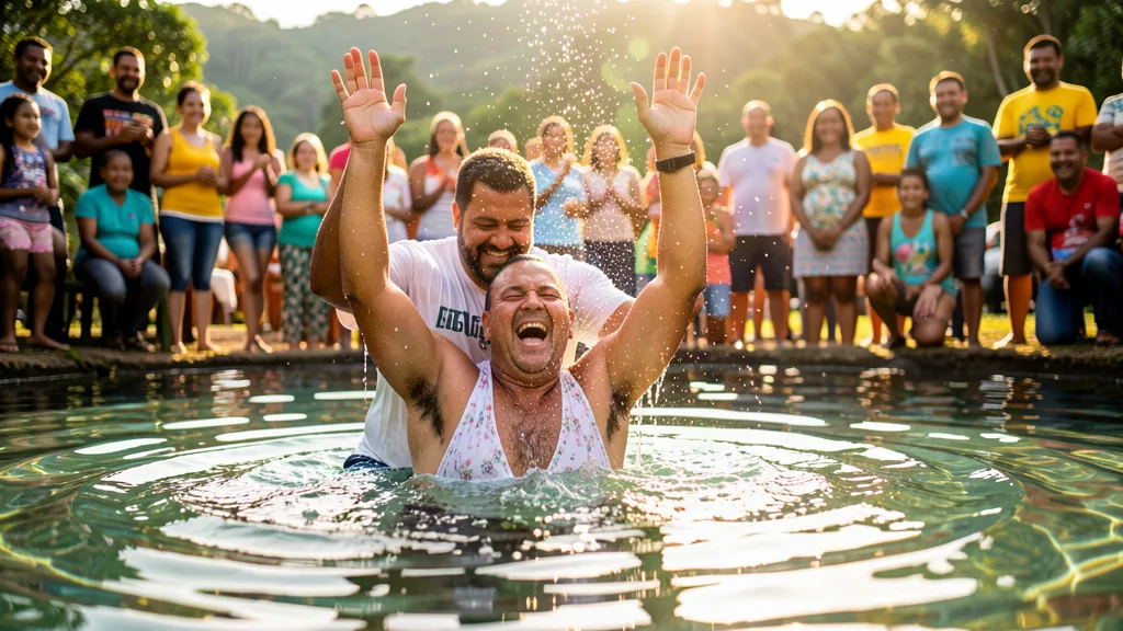 Un bautismo alegre en aguas abiertas, con personas celebrando en la orilla