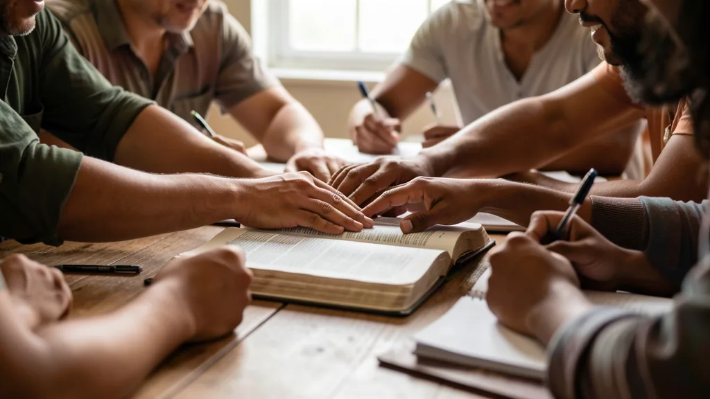 Manos alrededor de una Biblia abierta y cuadernos en una mesa de estudio