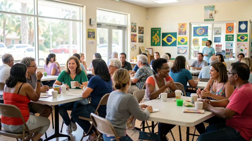 Un salón comunitario luminoso, con banderas de Brasil y personas conversando en las mesas