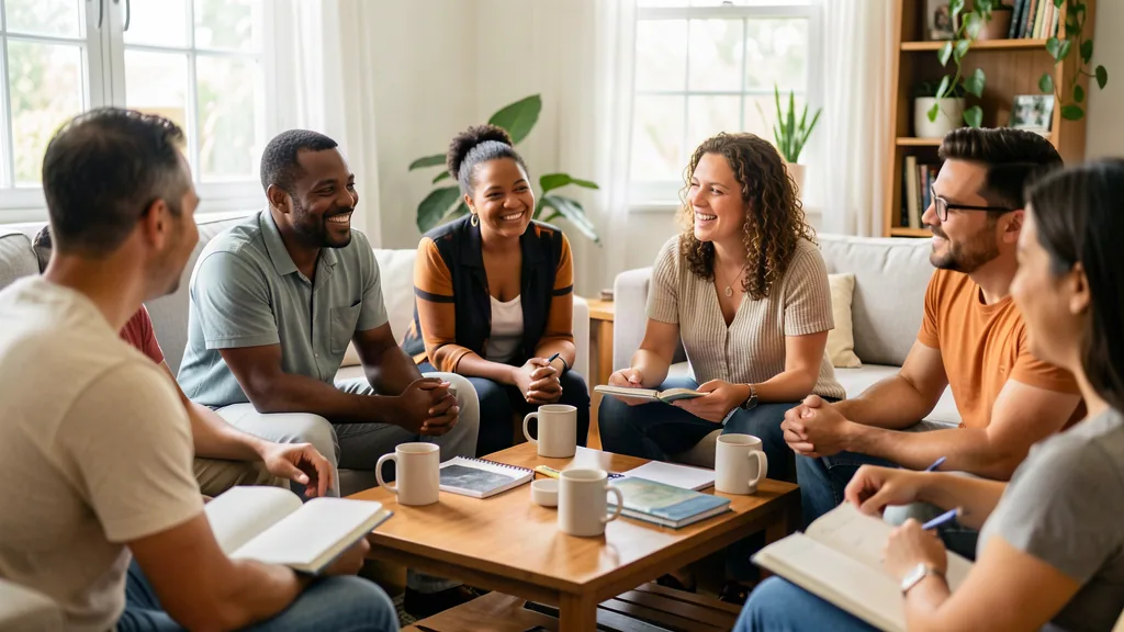 Un grupo pequeño conversando alrededor de una mesa de centro en una sala luminosa