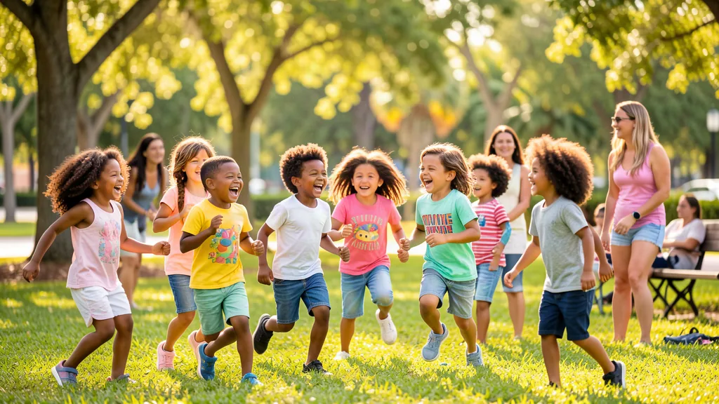 Niños corriendo y jugando en el césped de un parque
