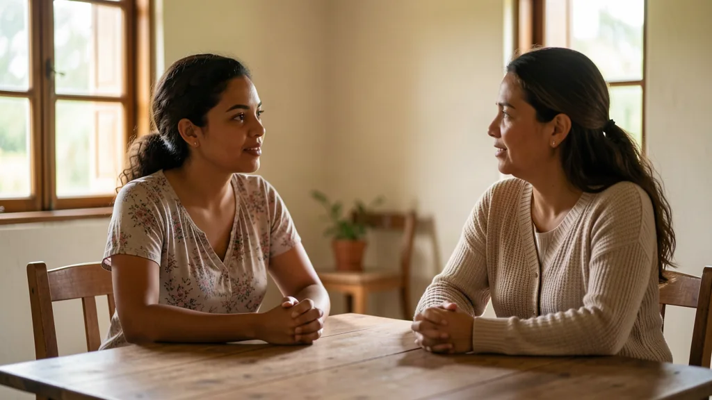 Dos mujeres conversando tranquilamente en una mesa de madera
