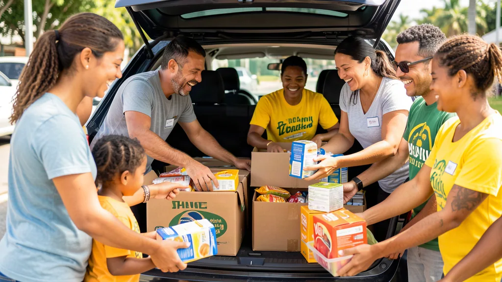 Voluntarios cargando cajas de alimentos en el maletero de un auto
