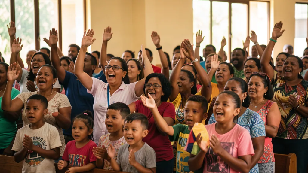 Un salón lleno de familias y niños levantando las manos en celebración