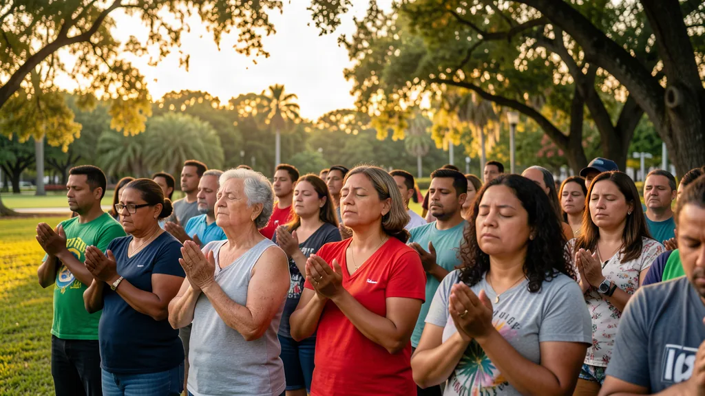 Personas orando juntas al aire libre bajo robles, con la luz de la tarde
